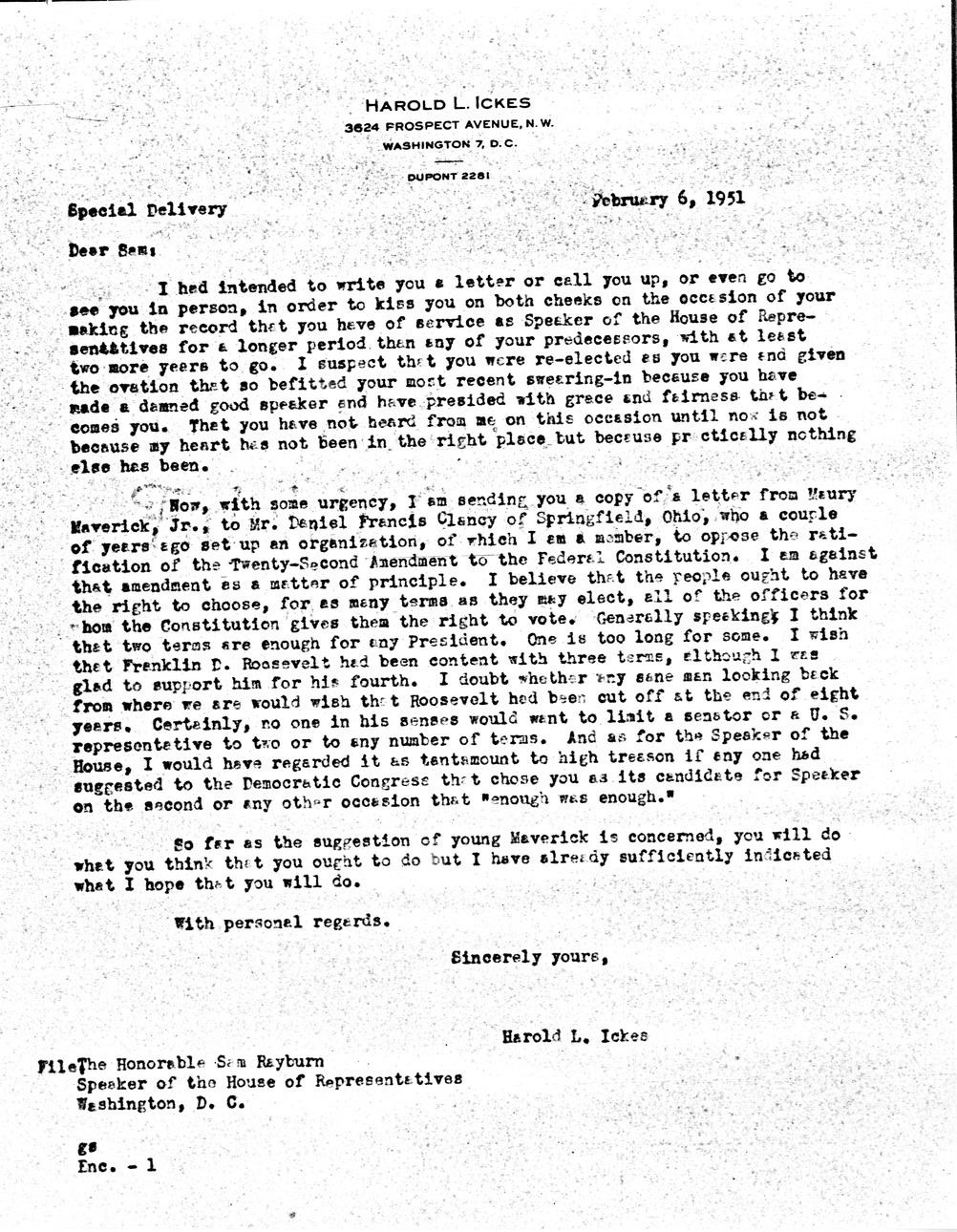 Letter from Harold Ickes to Daniel F. Clancy, with Attachment