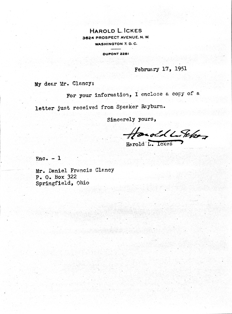 Letter from Harold Ickes to Daniel F. Clancy, with Attachment