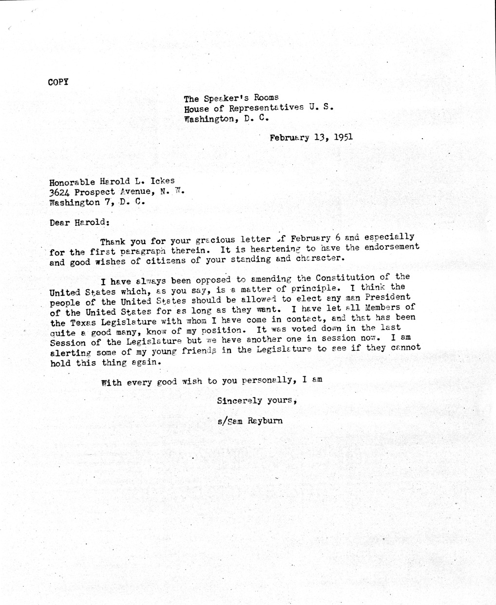 Letter from Harold Ickes to Daniel F. Clancy, with Attachment
