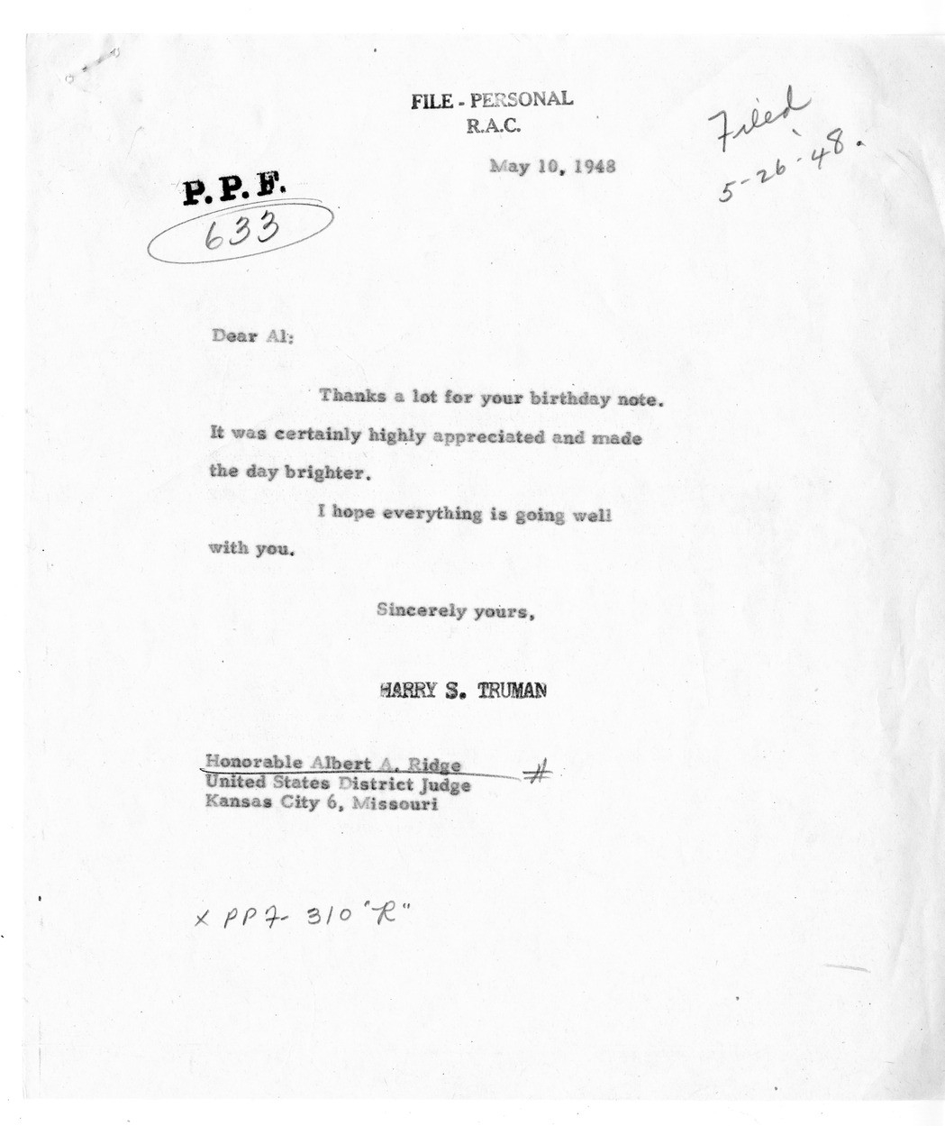 Correspondence Between President Harry S. Truman and Albert A. Ridge