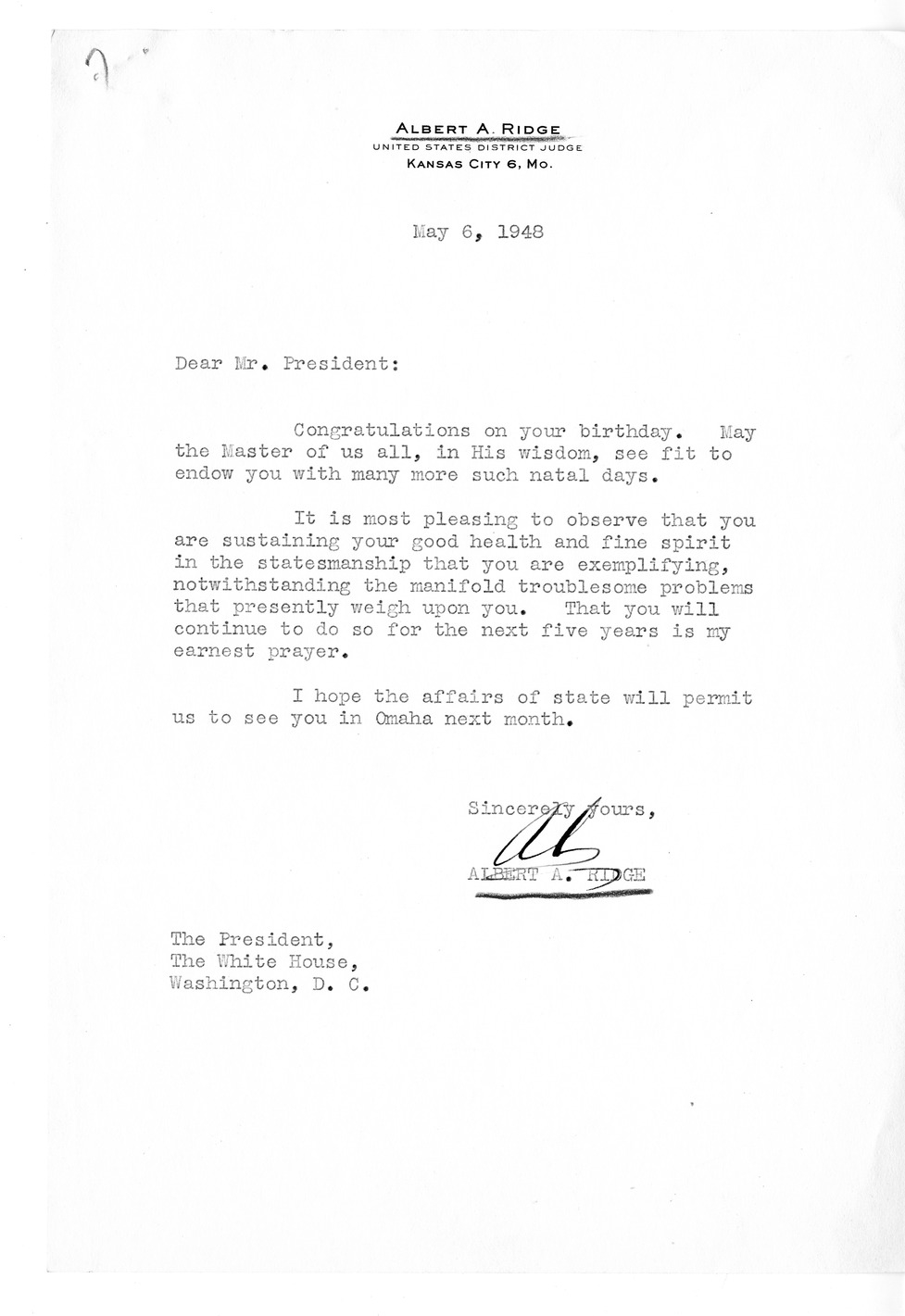 Correspondence Between President Harry S. Truman and Albert A. Ridge