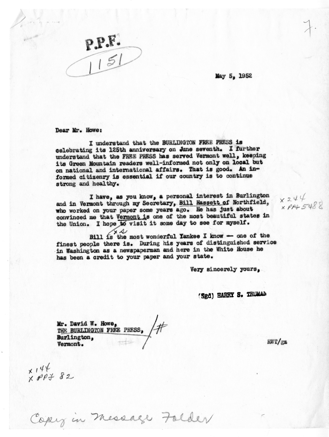 Correspondence Between President Harry S. Truman and David W. Howe with Related Materials