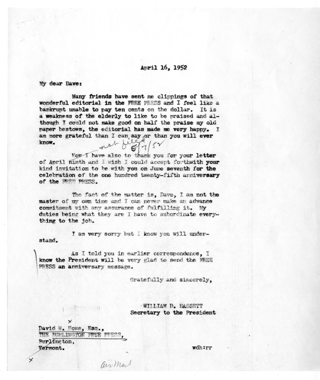 Correspondence Between President Harry S. Truman and David W. Howe with Related Materials