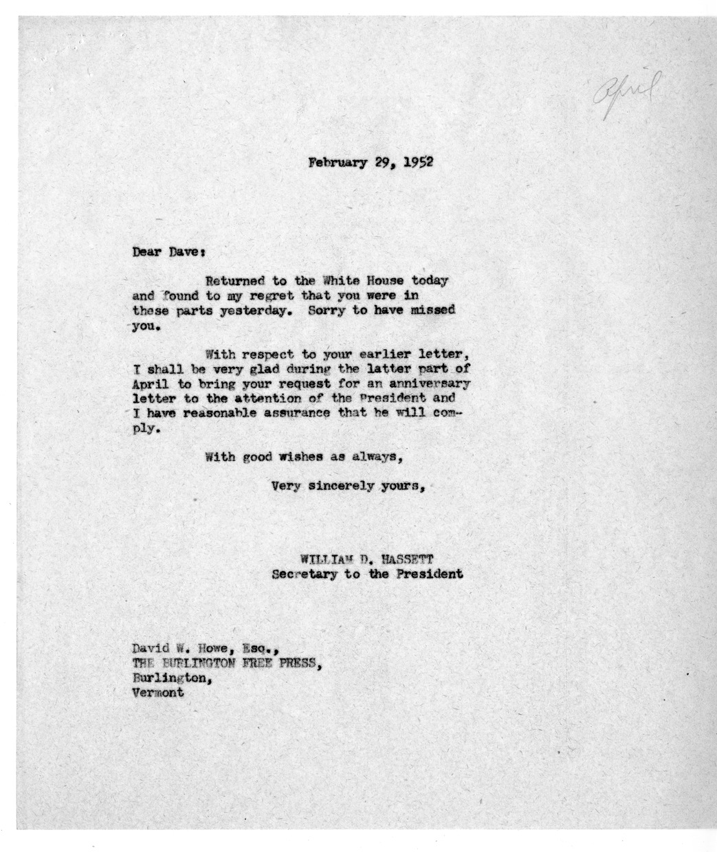 Correspondence Between President Harry S. Truman and David W. Howe with Related Materials