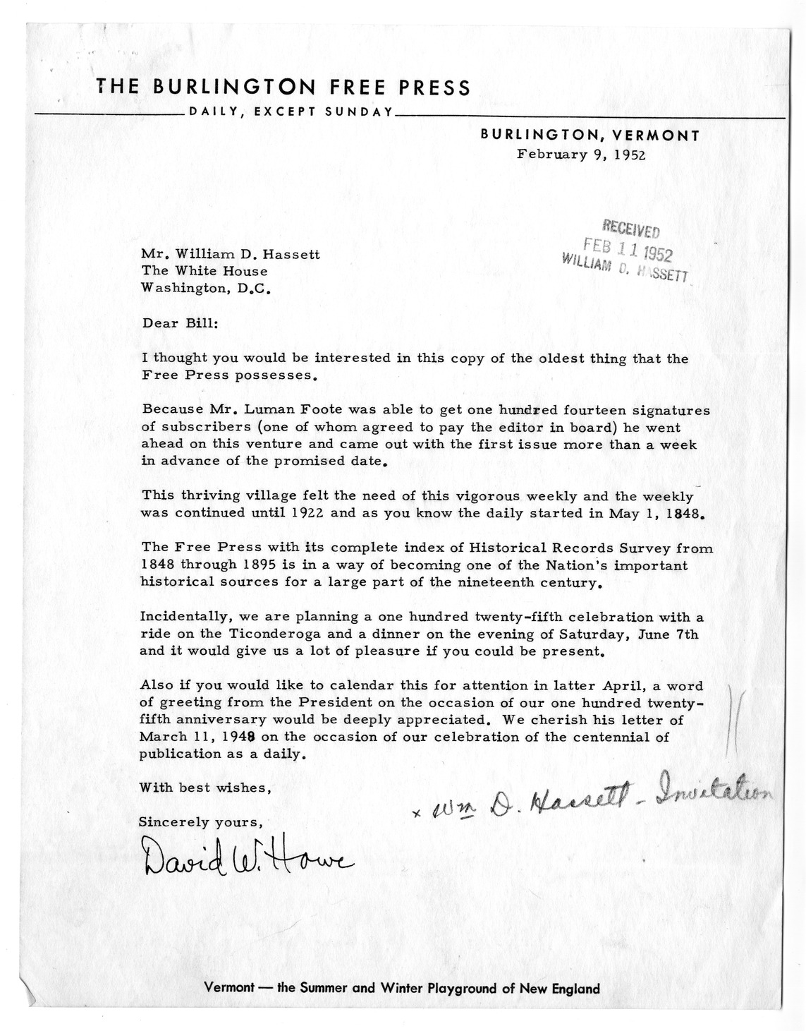 Correspondence Between President Harry S. Truman and David W. Howe with Related Materials