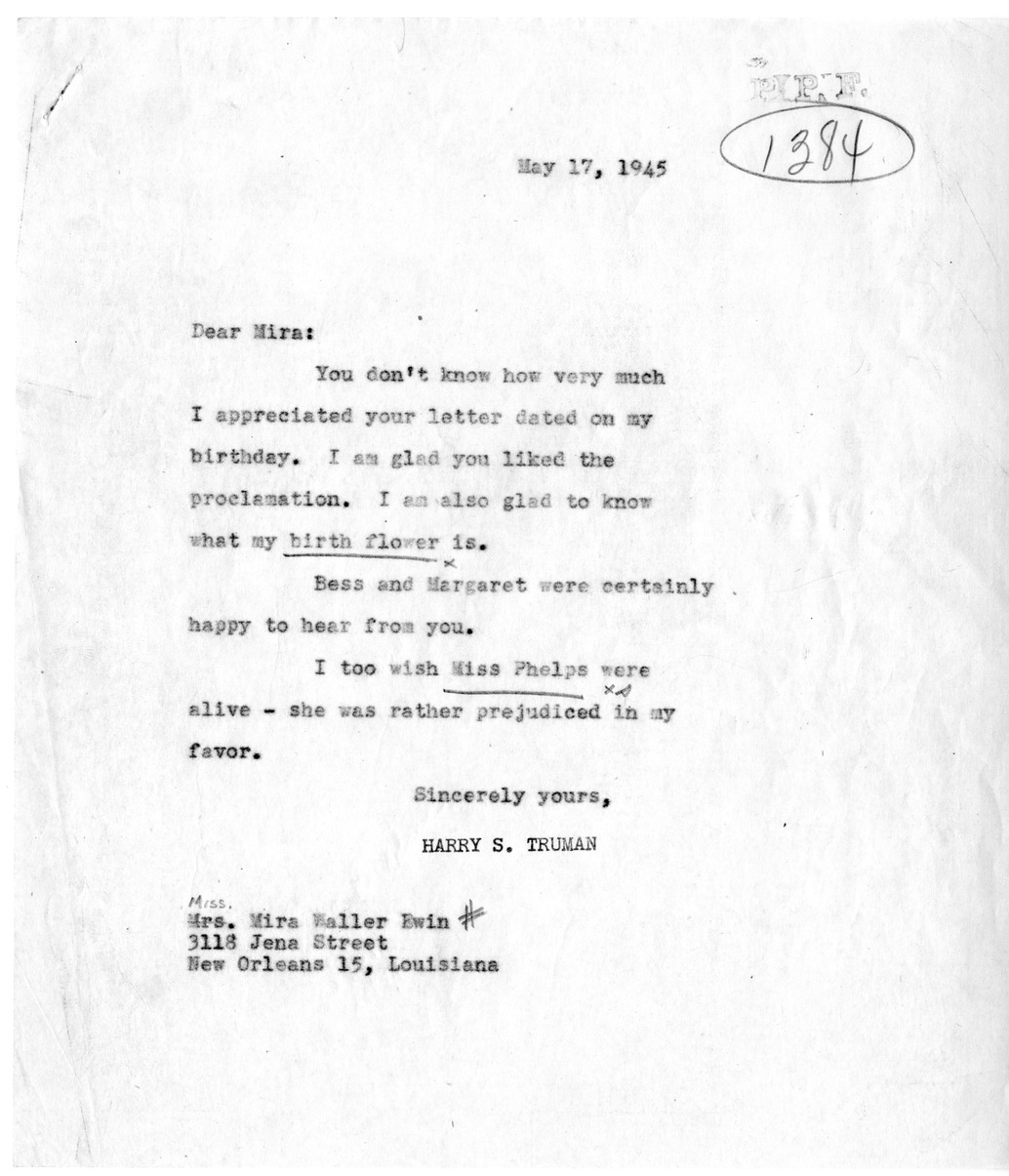 Correspondence Between President Harry S. Truman and Mira W. Ewin
