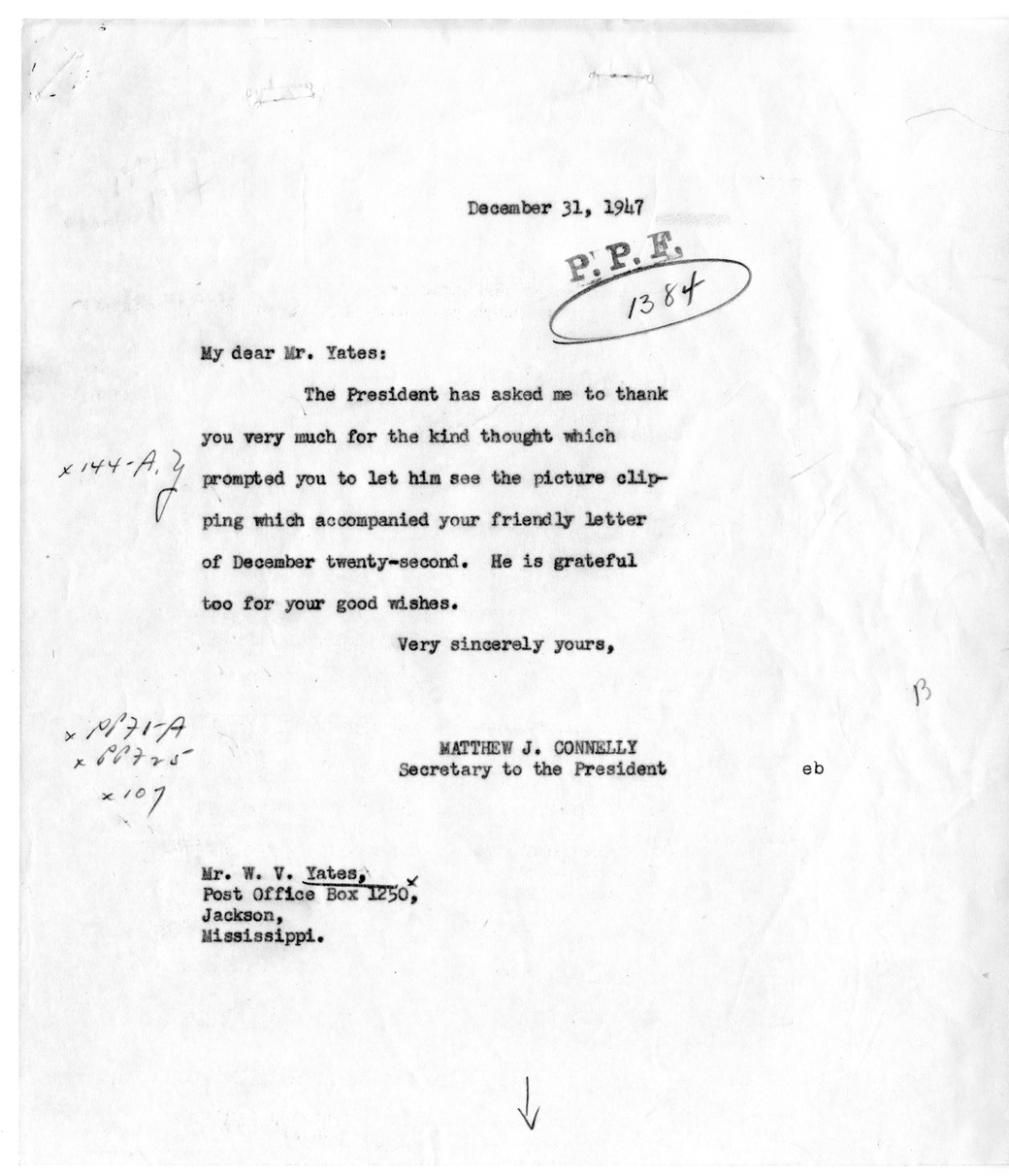 Letter from W. V. Yates to President Harry S. Truman with a Reply from Matthew J. Connelly, with Attached Clipping