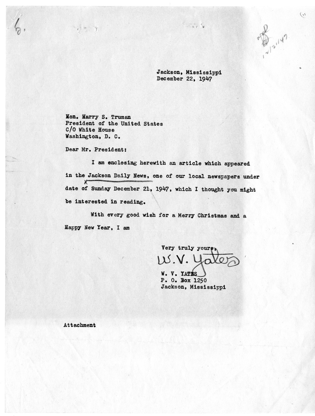 Letter from W. V. Yates to President Harry S. Truman with a Reply from Matthew J. Connelly, with Attached Clipping