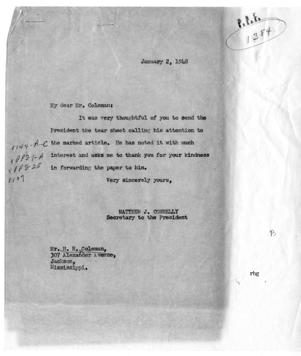 Letter from Matthew J. Connelly to H. H. Coleman with Attached Clipping