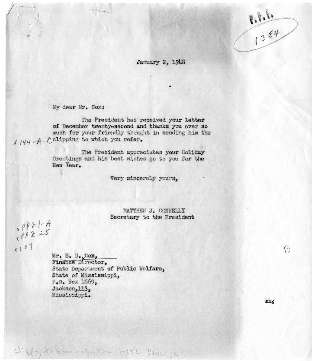 Letter from E. D. Cox to President Harry S. Truman with Reply from Matthew J. Connelly