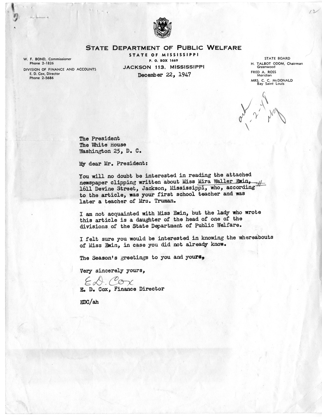 Letter from E. D. Cox to President Harry S. Truman with Reply from Matthew J. Connelly