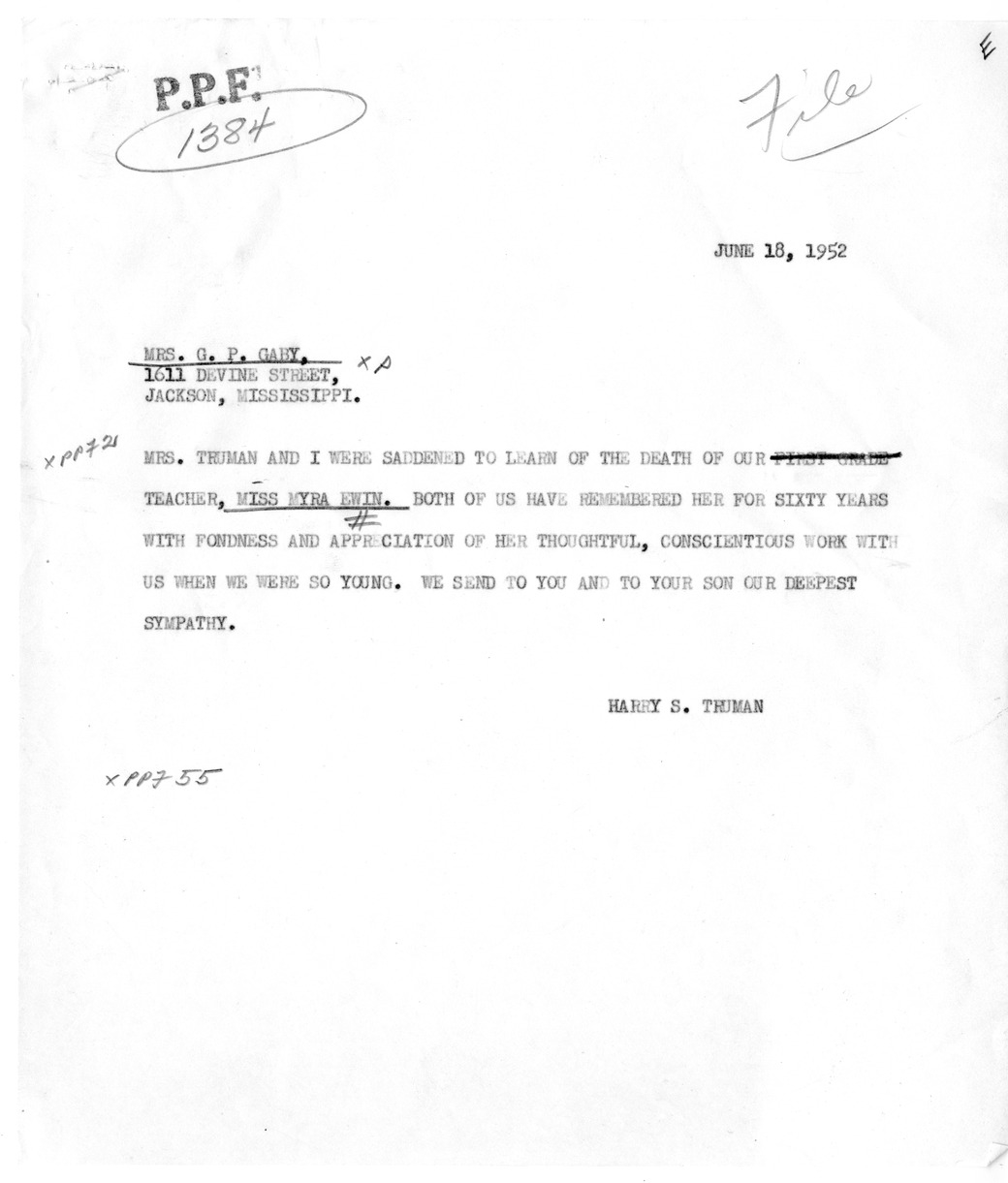 Letter from President Harry S. Truman to Mrs. G. P. Gaby with Related Material