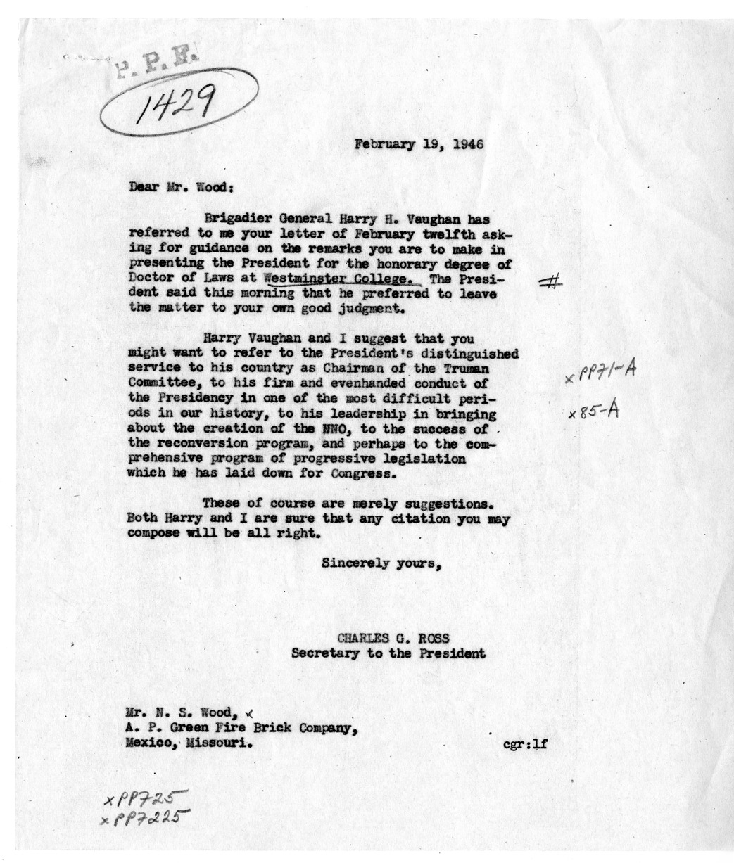 Letter from N.S. Wood to Brigadier General Harry H. Vaughan with Reply from Charles G. Ross