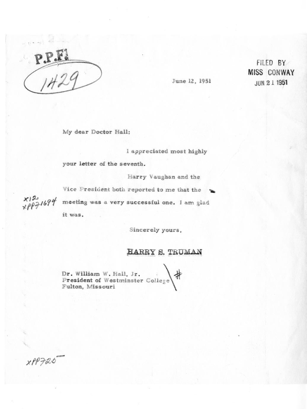 Correspondence Between William W. Hall and President Harry S. Truman, with Related Material