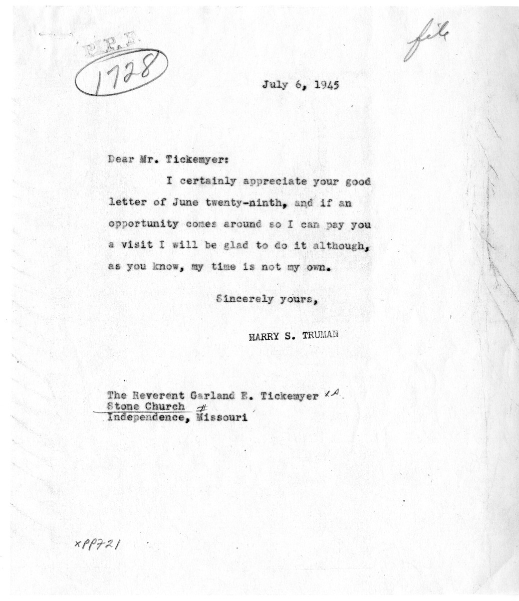 Correspondence Between President Harry S. Truman and Garland E. Tickemyer with Attachment