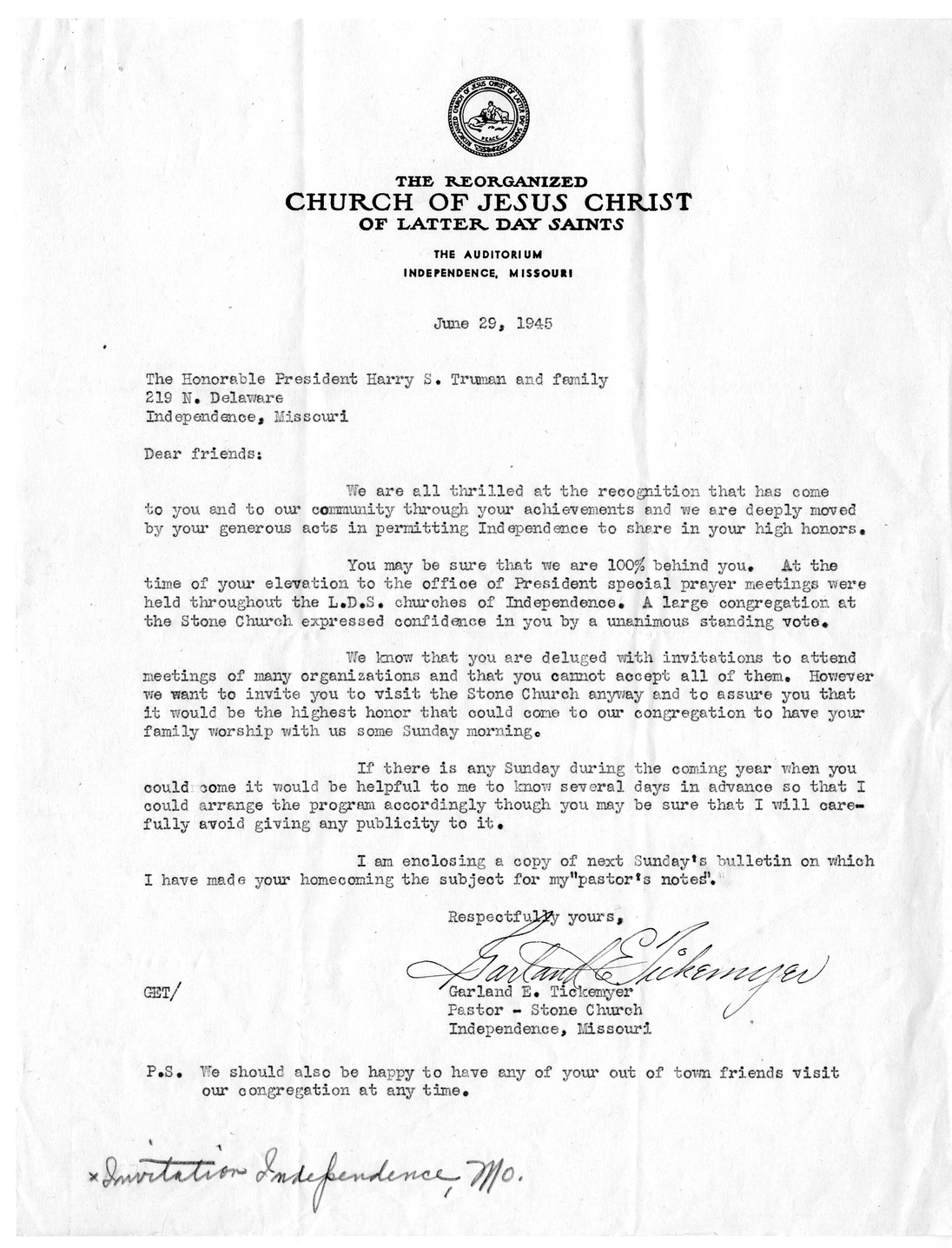 Correspondence Between President Harry S. Truman and Garland E. Tickemyer with Attachment