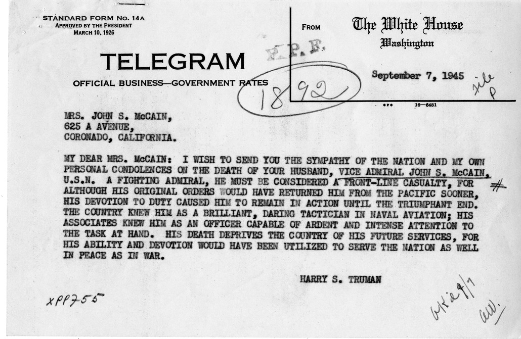 Correspondence Between President Harry S. Truman and Mrs. John S. McCain with Related Material