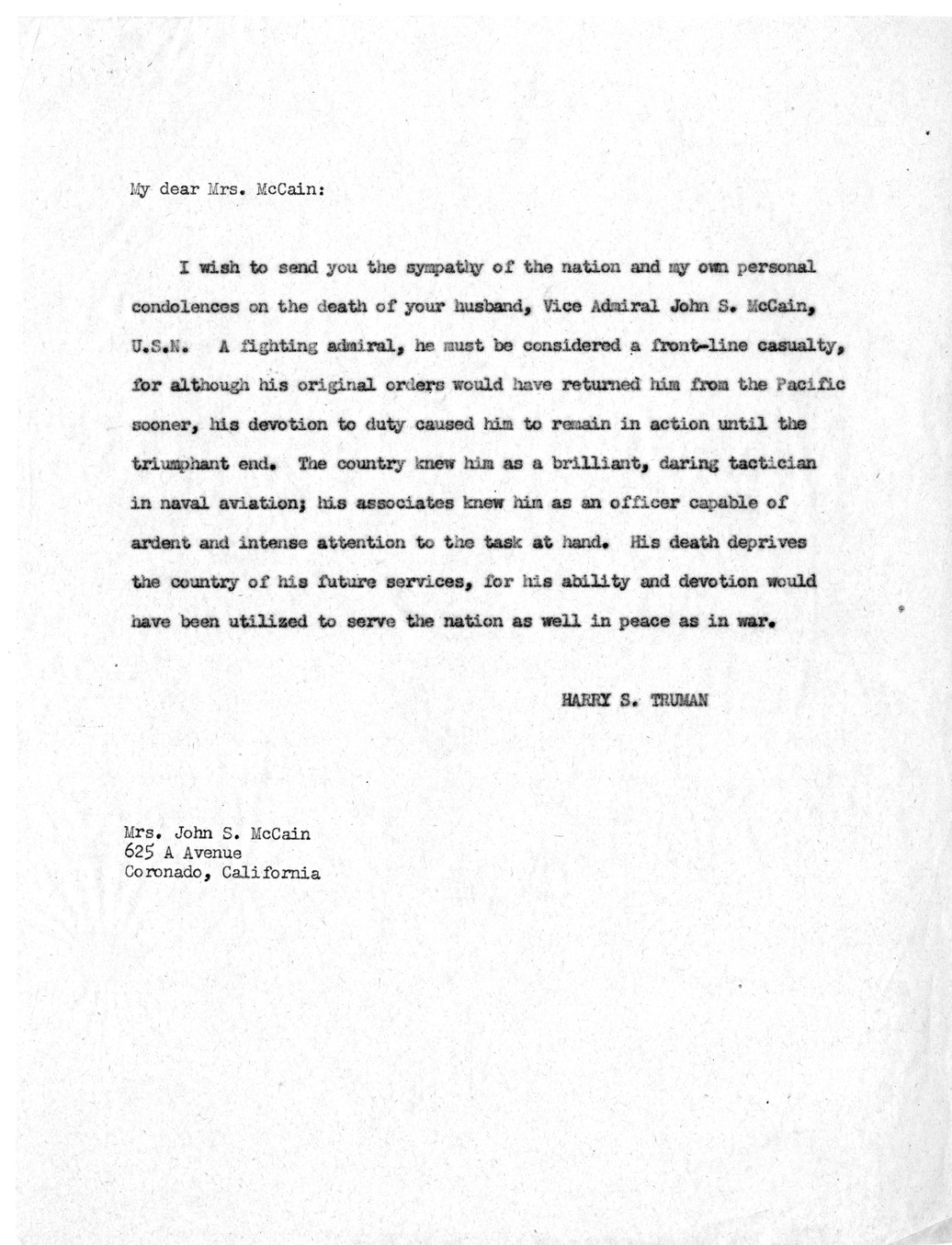 Correspondence Between President Harry S. Truman and Mrs. John S. McCain with Related Material