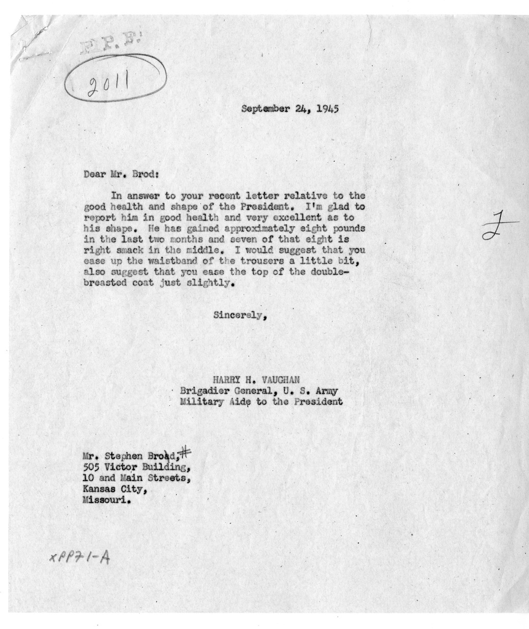 Correspondence Between Harry H. Vaughan and Stephen Brod