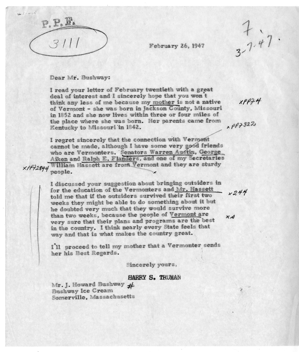 Correspondence Between President Harry S. Truman and J. Howard Bushway