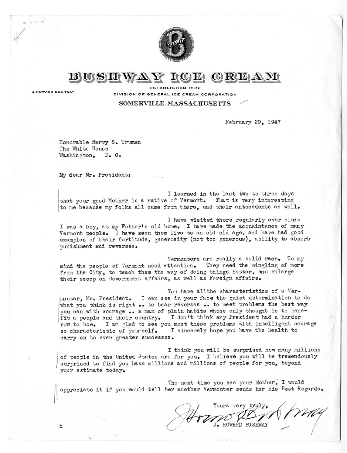 Correspondence Between President Harry S. Truman and J. Howard Bushway