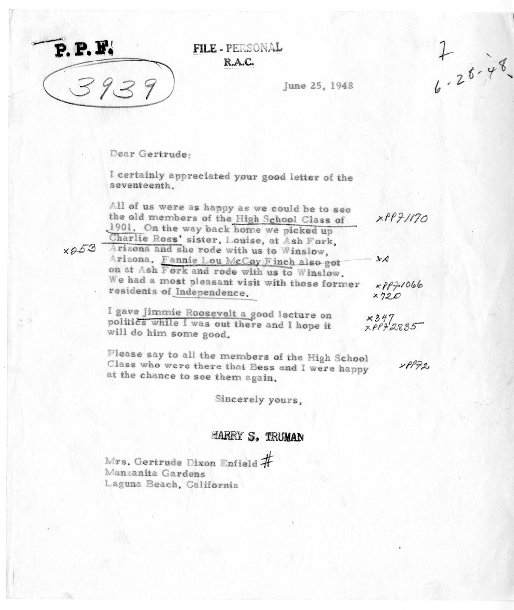Correspondence Between President Harry S. Truman and Gertrude Dixon Enfield