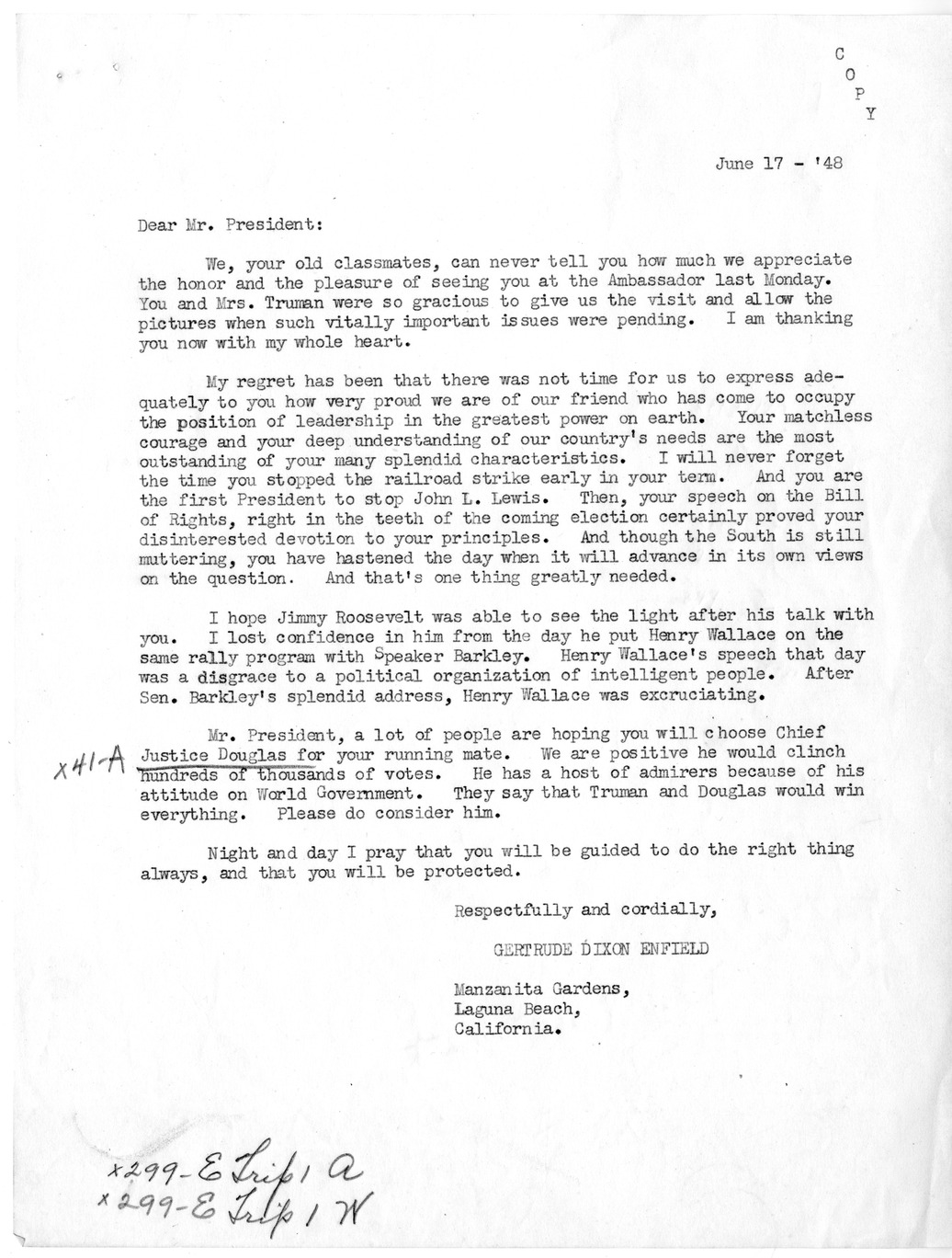 Correspondence Between President Harry S. Truman and Gertrude Dixon Enfield