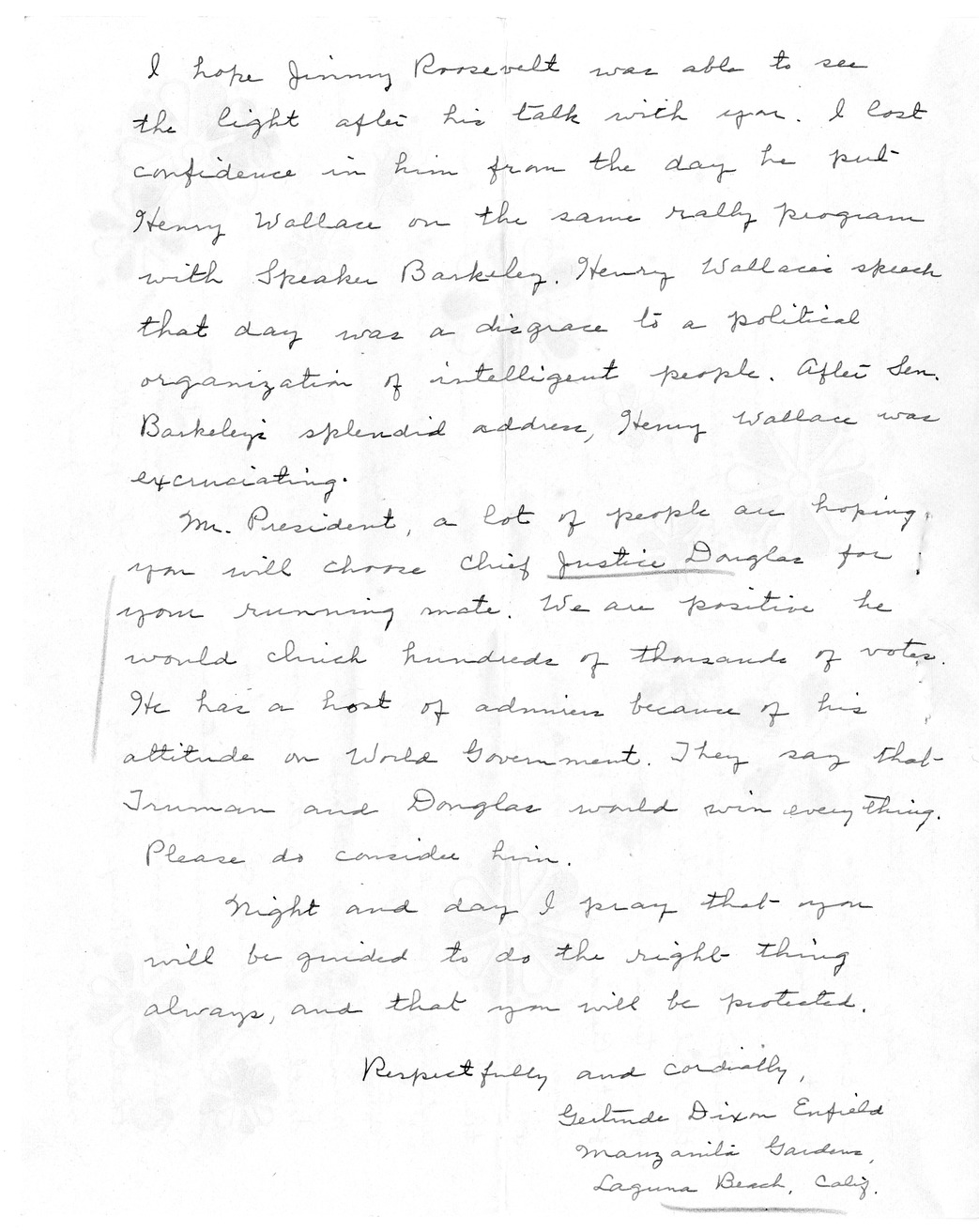 Correspondence Between President Harry S. Truman and Gertrude Dixon Enfield