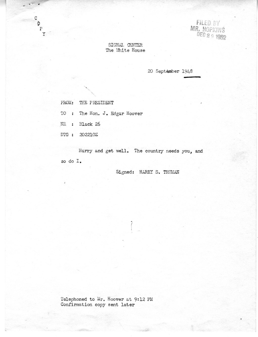 Correspondence Between President Harry S. Truman and J. Edgar Hoover