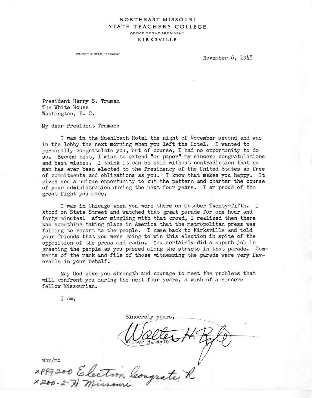 Correspondence Between President Harry S. Truman and Walter H. Ryle