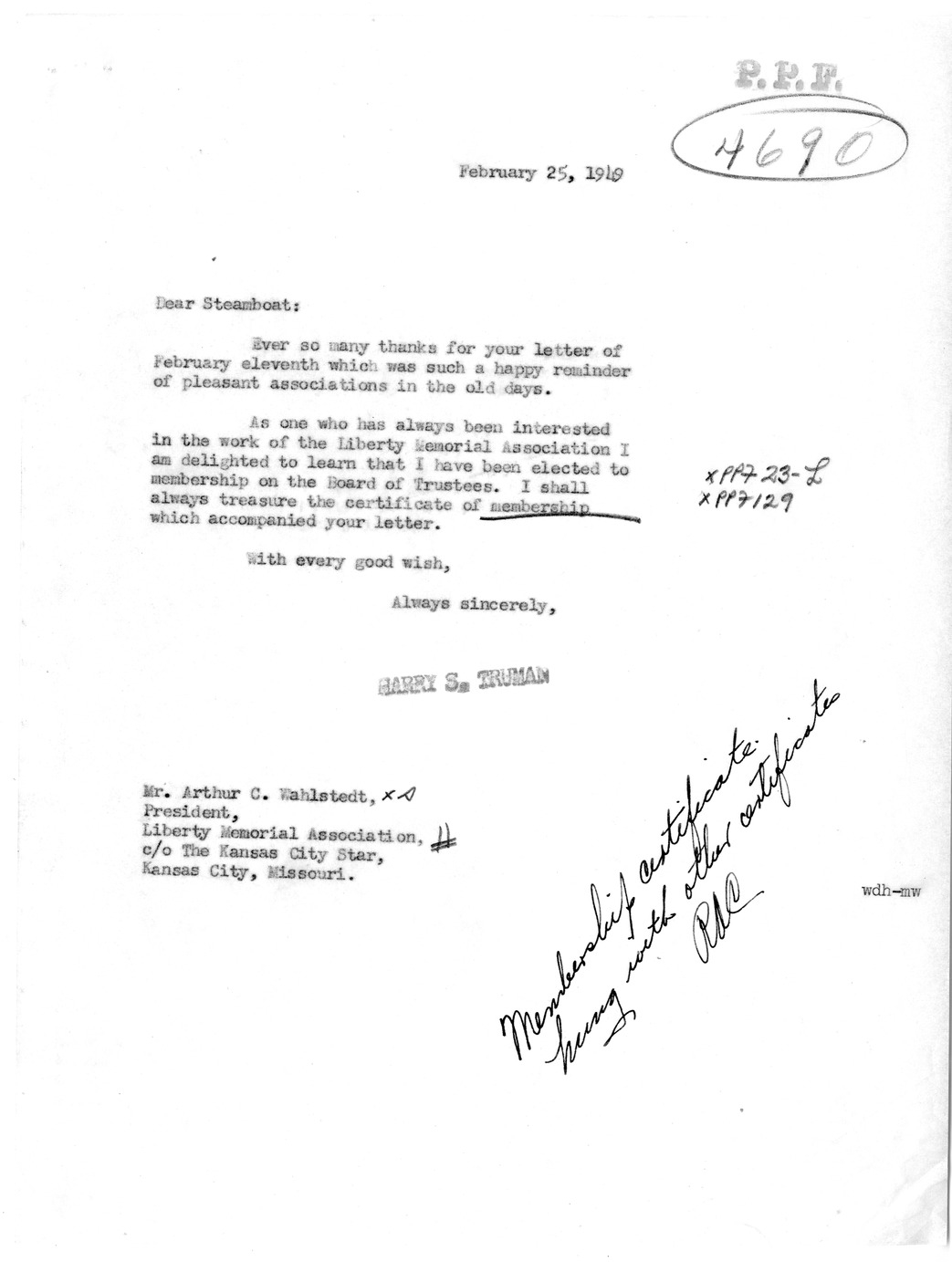 Correspondence Between President Harry S. Truman and Arthur C. Wahlstedt