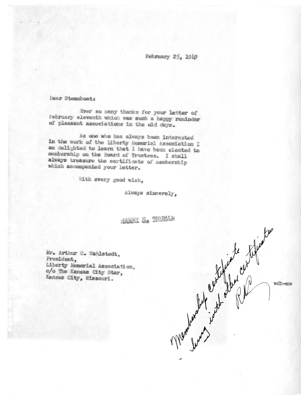 Correspondence Between President Harry S. Truman and Arthur C. Wahlstedt