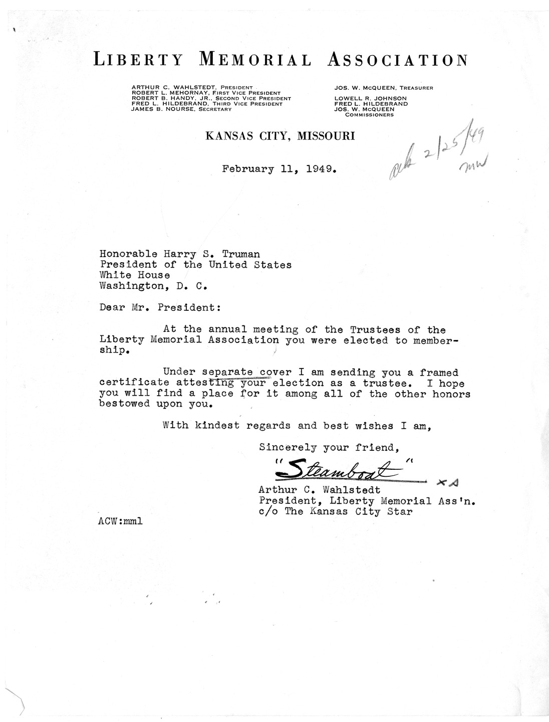 Correspondence Between President Harry S. Truman and Arthur C. Wahlstedt