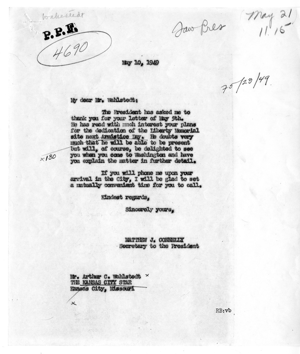 Letter to President Harry S. Truman from Arthur C. Wahlstedt with Reply from Matthew J. Connelly