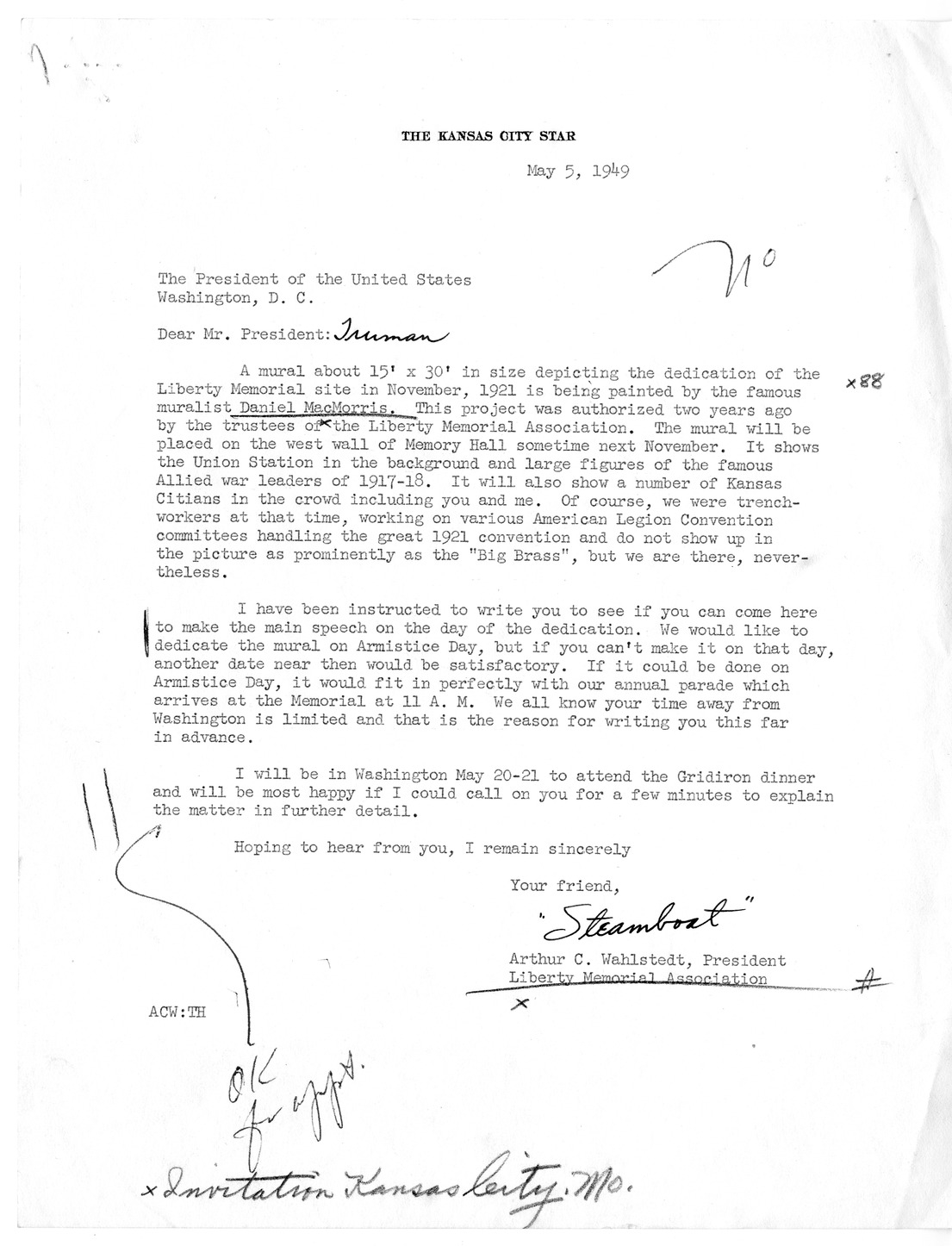 Letter to President Harry S. Truman from Arthur C. Wahlstedt with Reply from Matthew J. Connelly