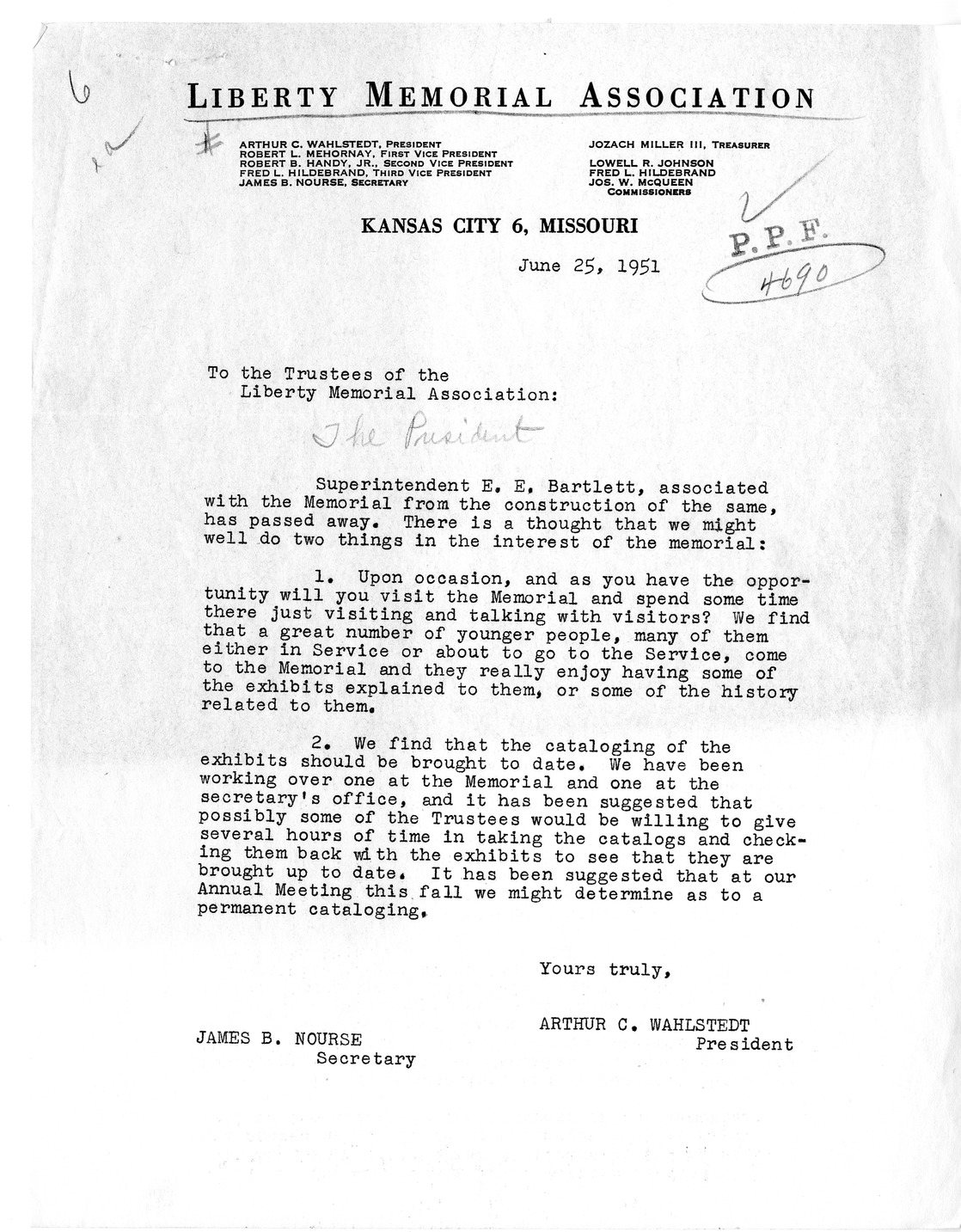 Letter from Arthur C. Wahlstedt and James B. Nourse to President Harry S. Truman