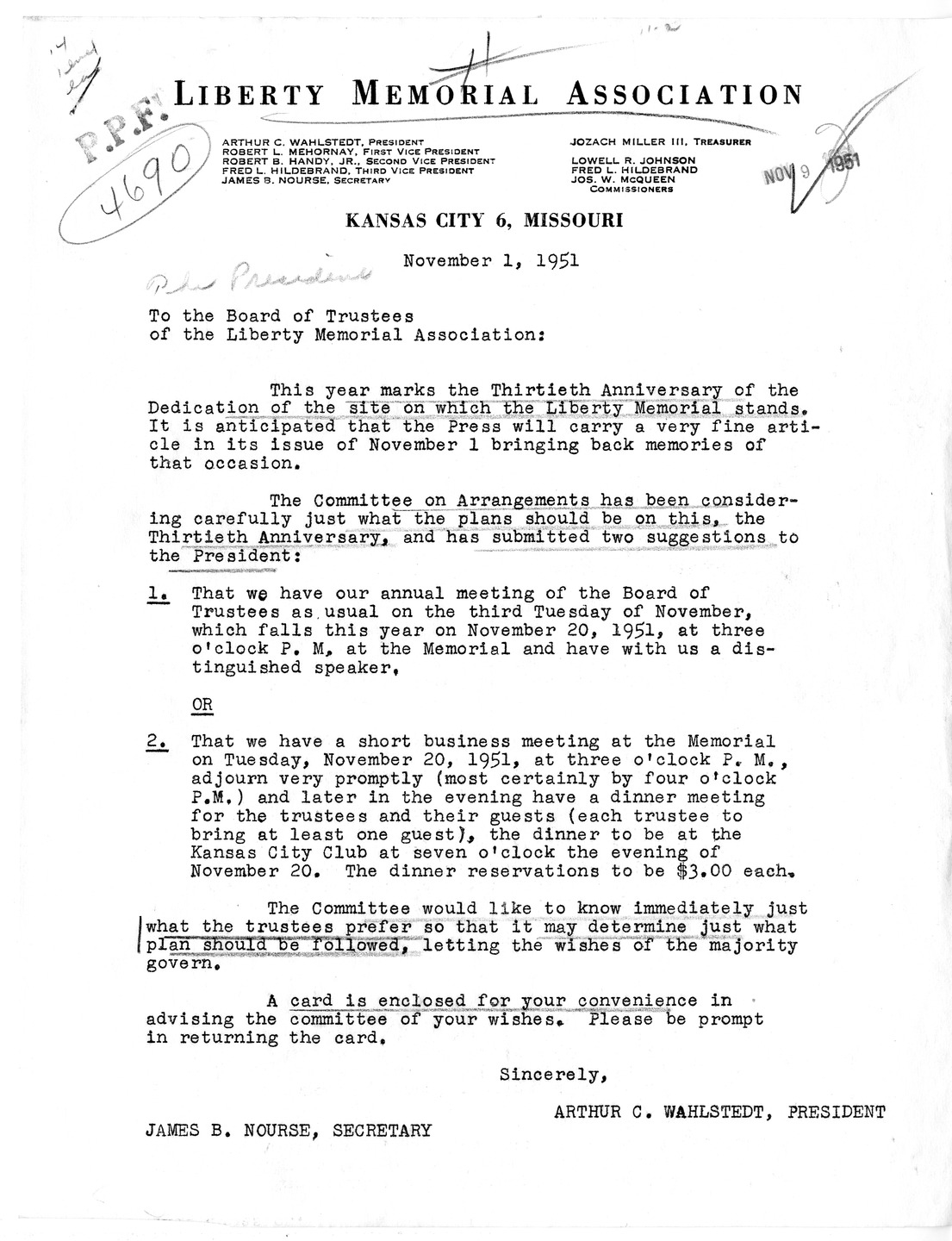 Letter from Arthur C. Wahlstedt to President Harry S. Truman with Attachment