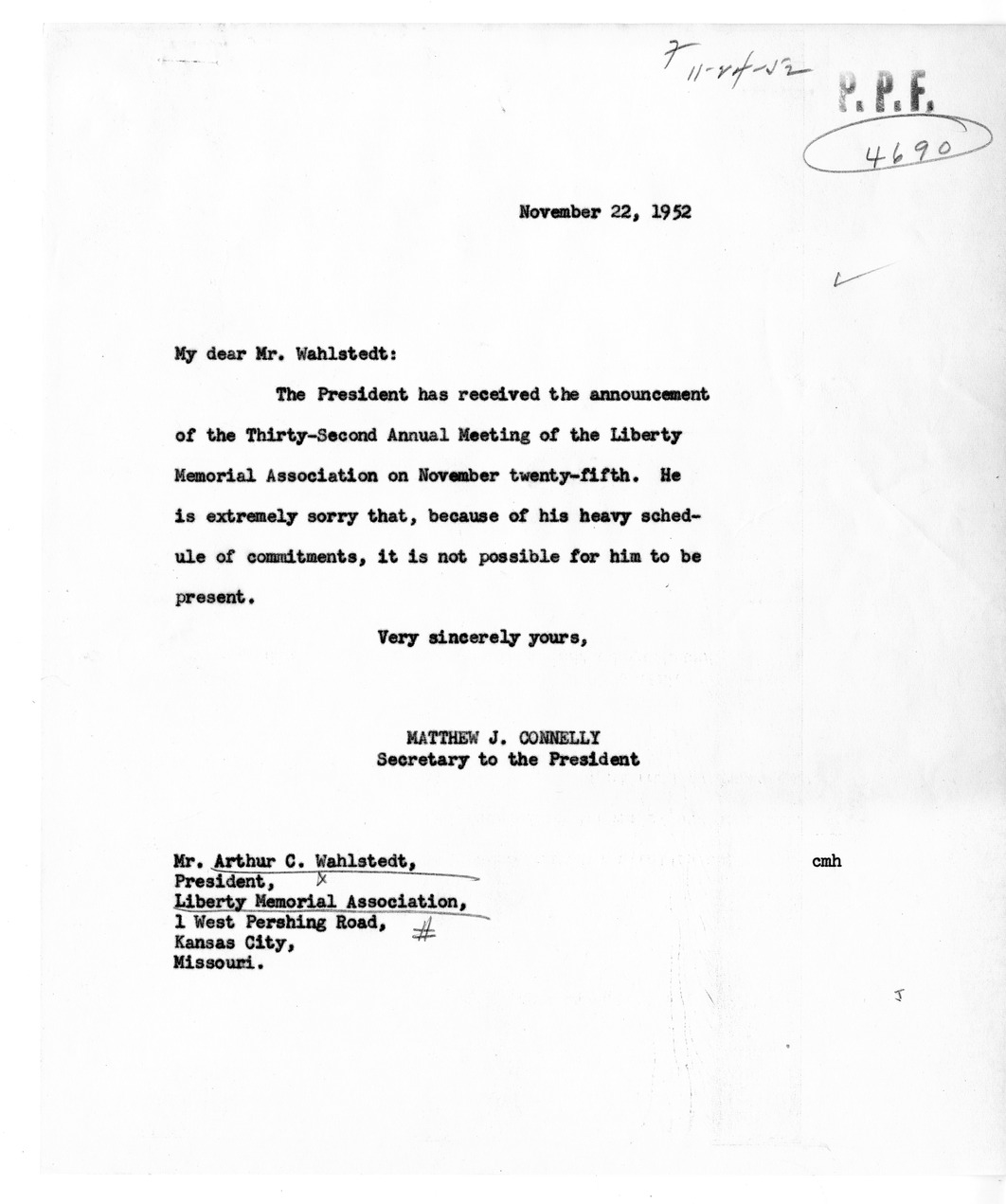 Letter from Arthur C. Wahlstedt to President Harry S. Truman with Reply from Matthew J. Connelly