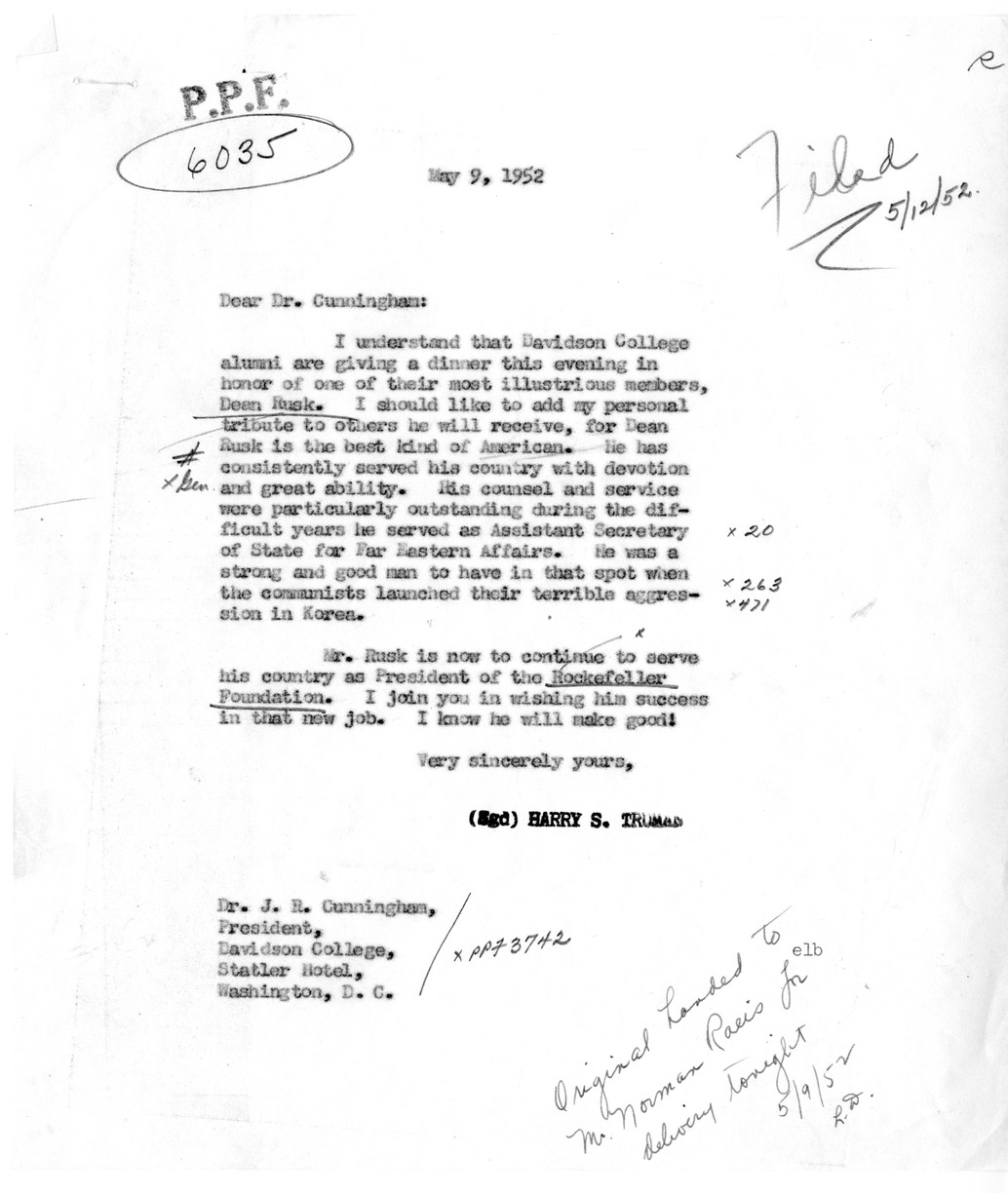 Letter from President Harry S. Truman to Dr. J. R. Cunningham, with Related Material