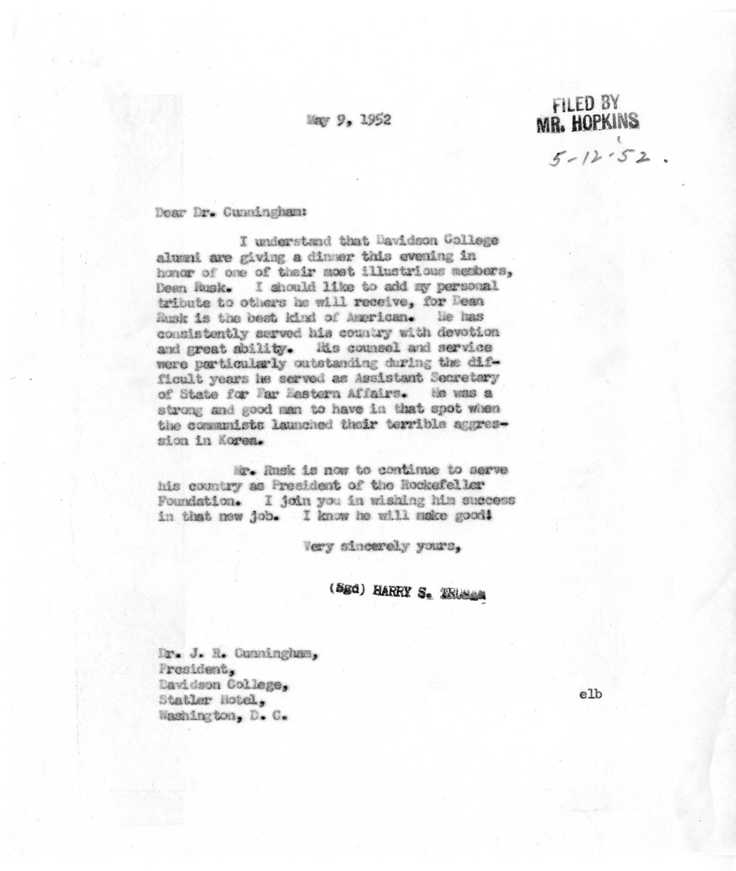 Letter from President Harry S. Truman to Dr. J. R. Cunningham, with Related Material