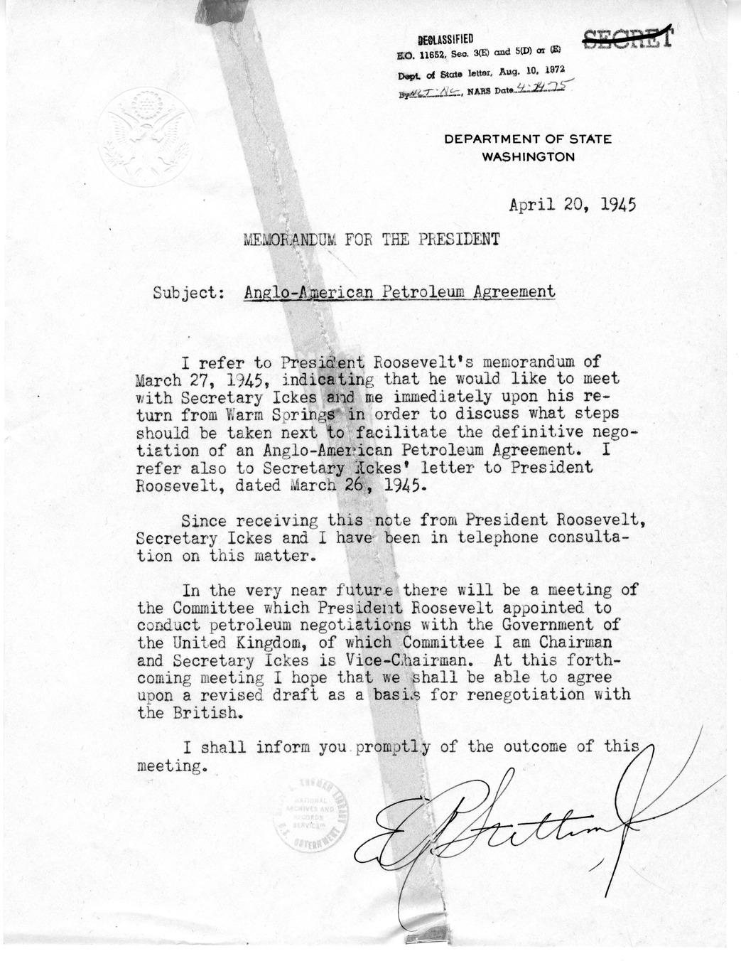 Memorandum from Edward Stettinius to President Harry S. Truman