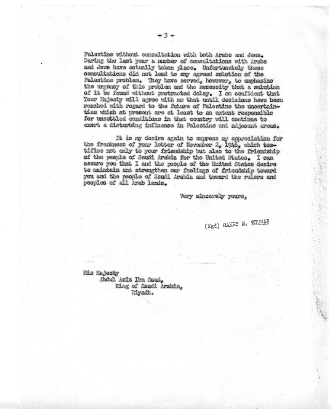 Correspondence Between President Harry S. Truman and King Ibn Saud of Saudi Arabia