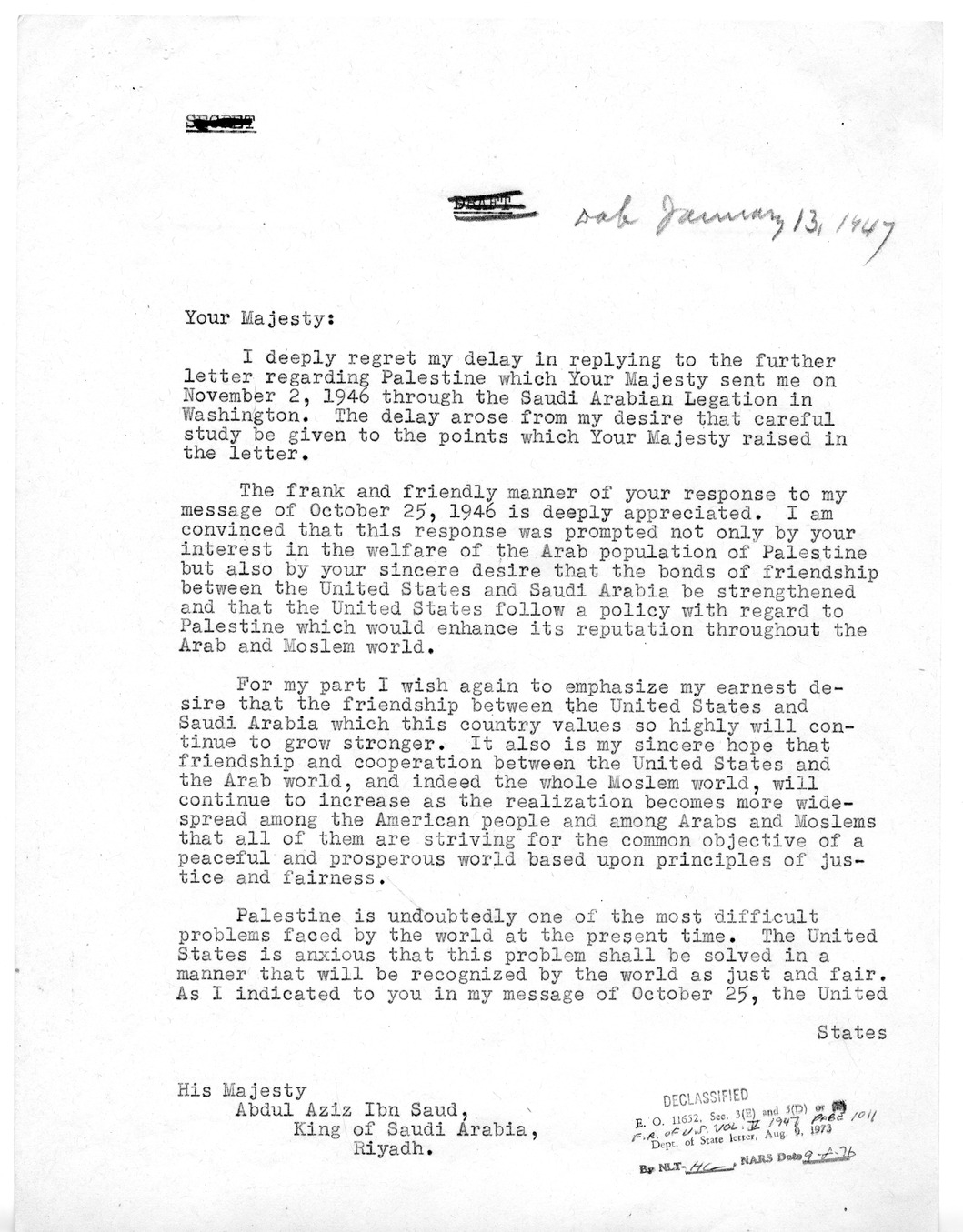 Correspondence Between President Harry S. Truman and King Ibn Saud of Saudi Arabia