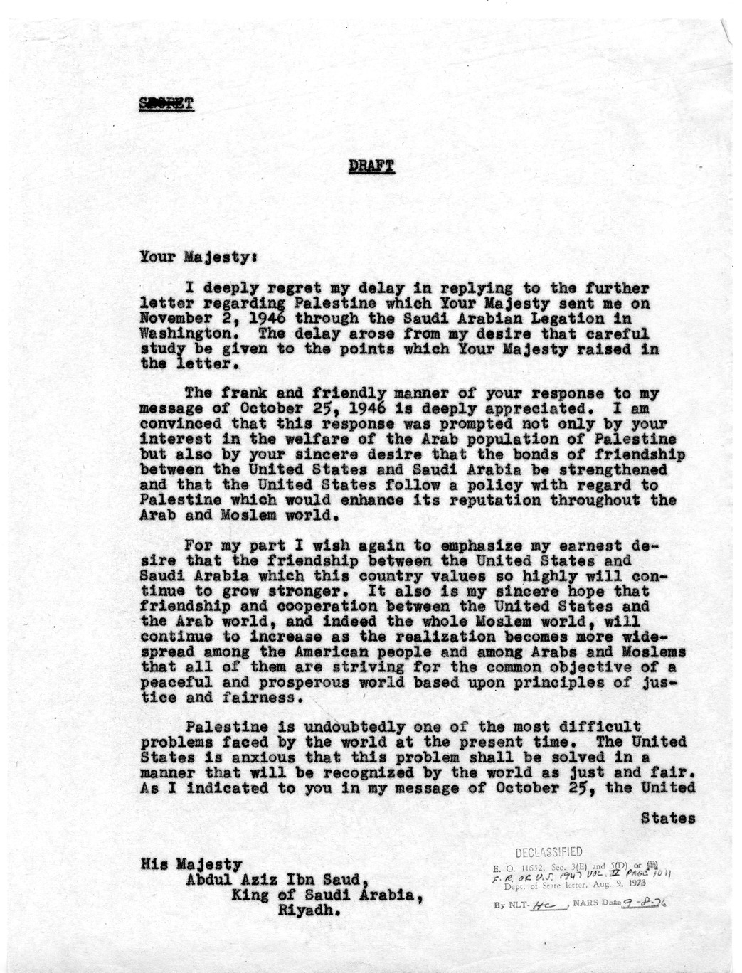 Correspondence Between President Harry S. Truman and King Ibn Saud of Saudi Arabia