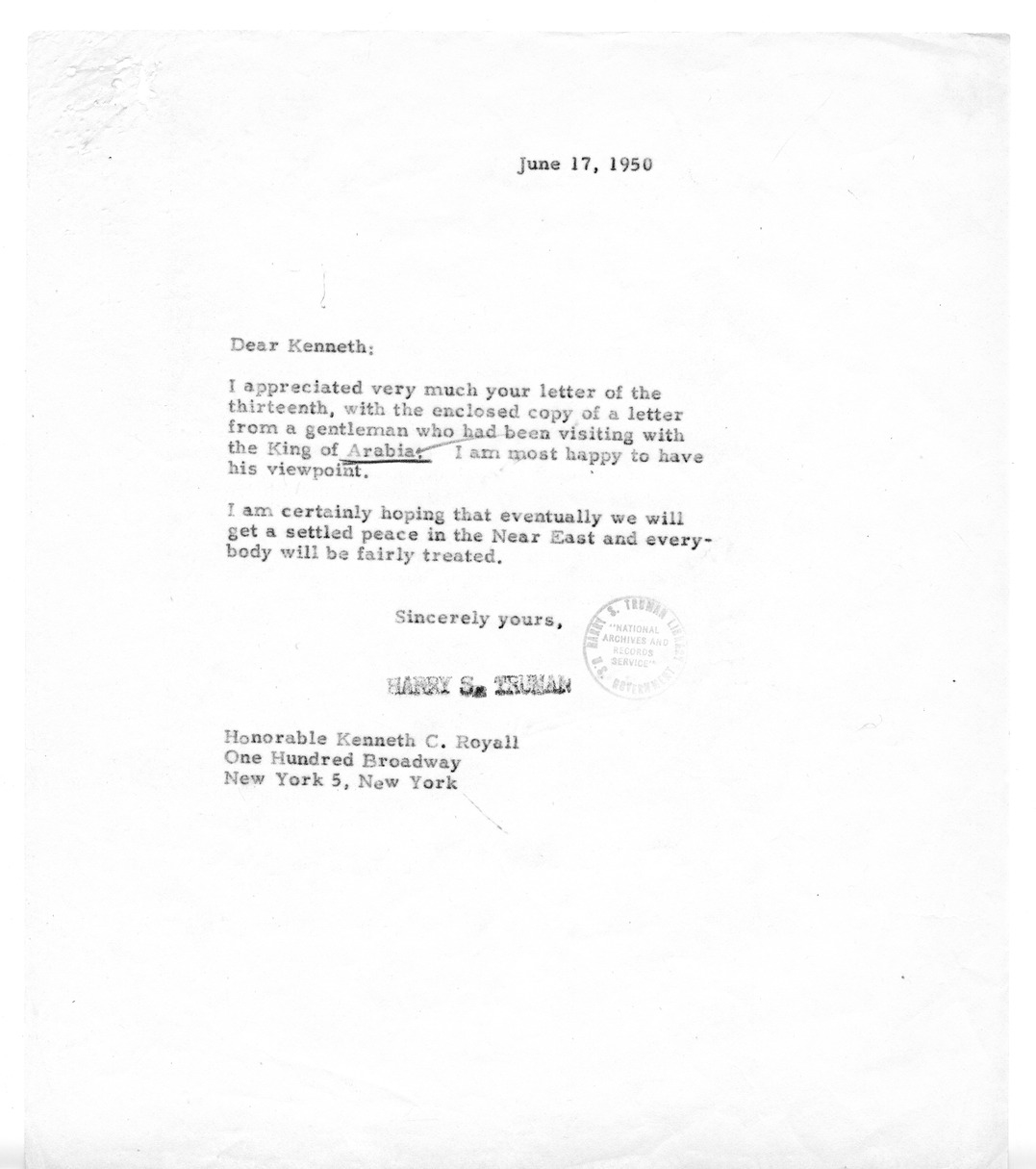 Letter from Kenneth Royall to President  Harry S. Truman, with Attachements