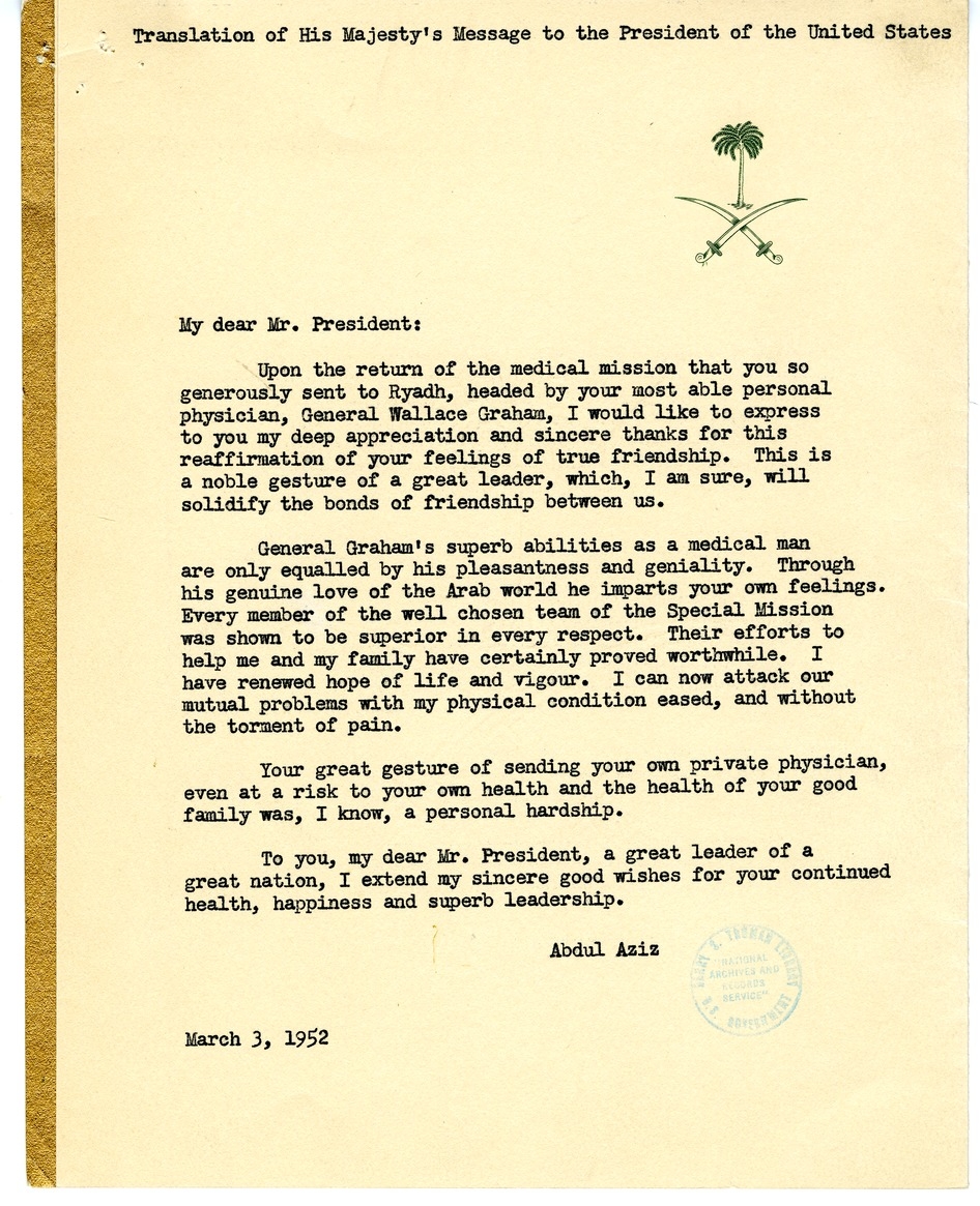 Translation King Ibn Saud of Saudi Arabia's Message to President Harry S. Truman