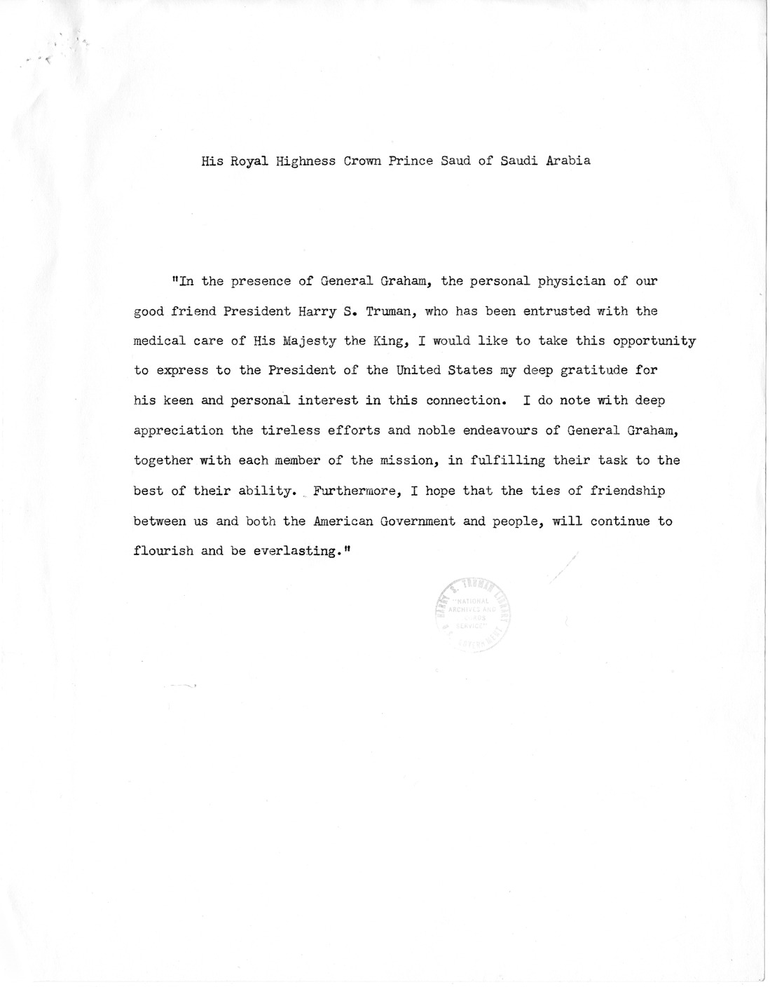 Message from His Royal Highness Crown Prince Saud of Saudi Arabia to President Harry S. Truman with Related Material