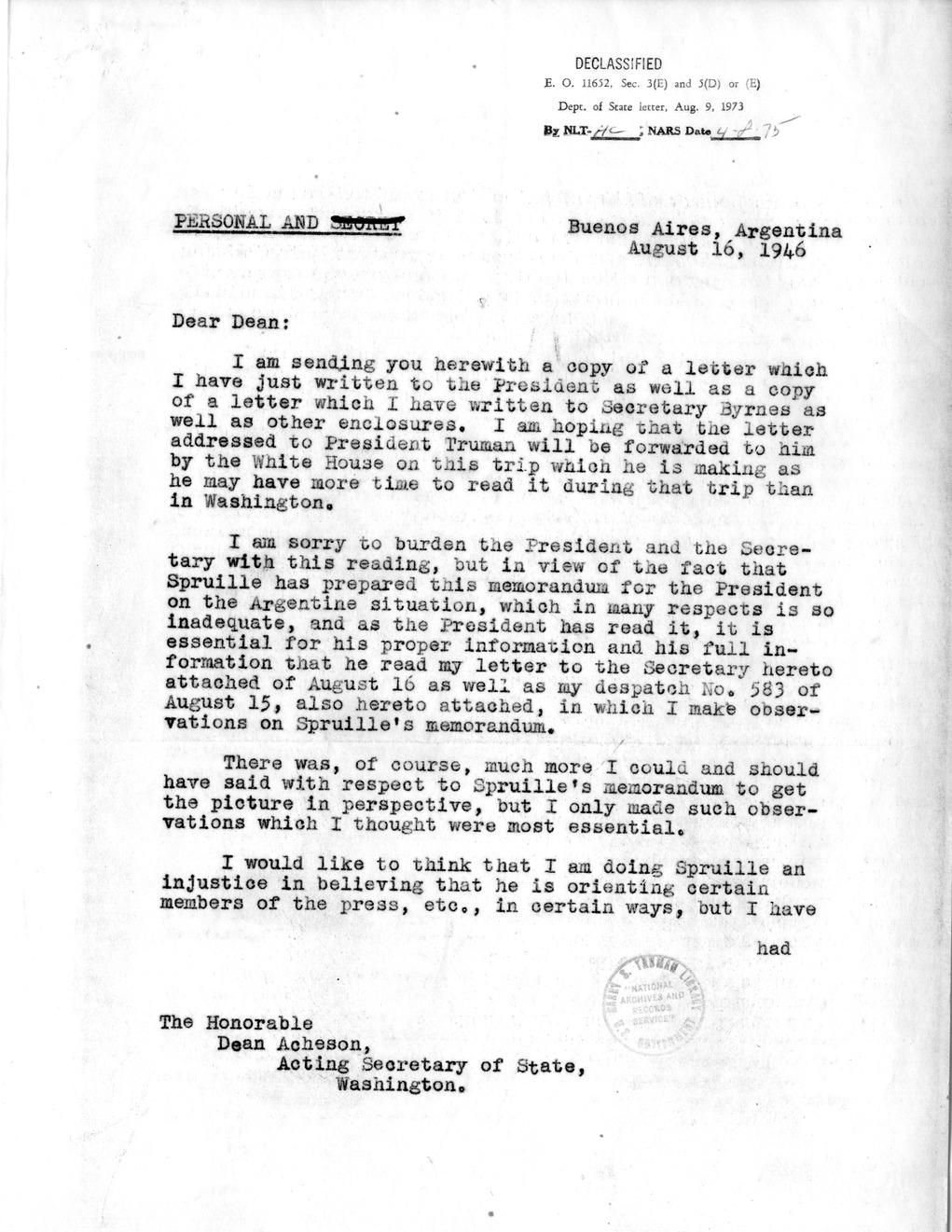 Memorandum from George Messersmith to President Harry S. Truman, with Attachment