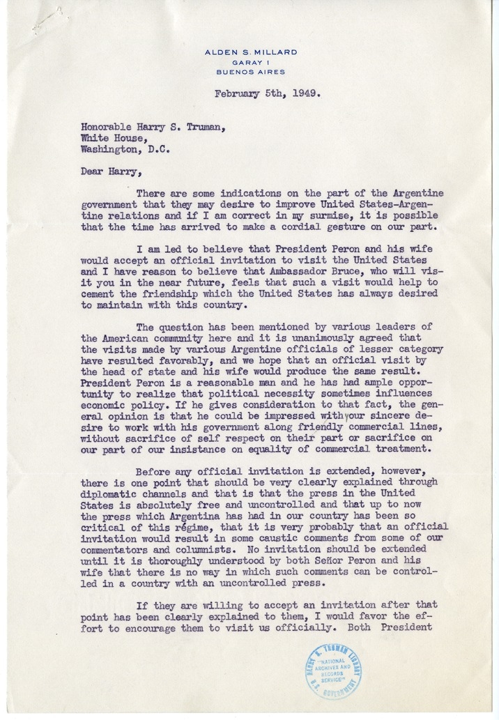 Correspondence Between President Harry S. Truman and Alden Millard