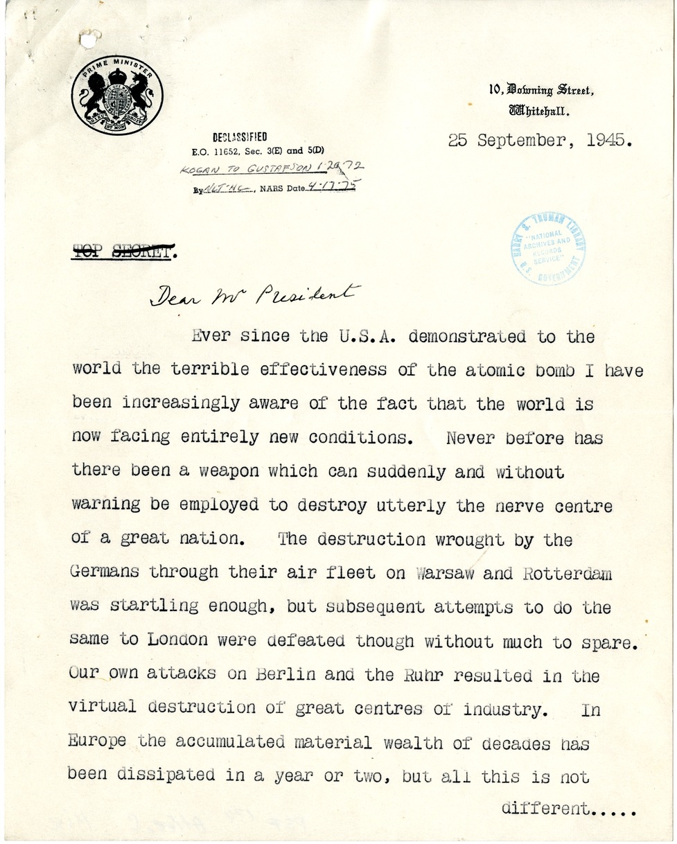 Memorandum from Prime Minister Clement Attlee to President Harry S. Truman